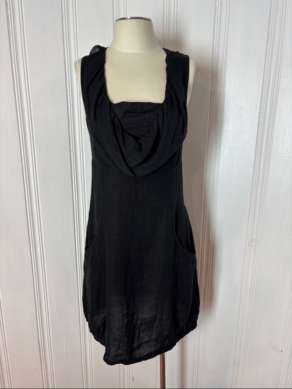 ANGELA MARA Italy Black Linen Draped Cowl Neck Dress - Size M